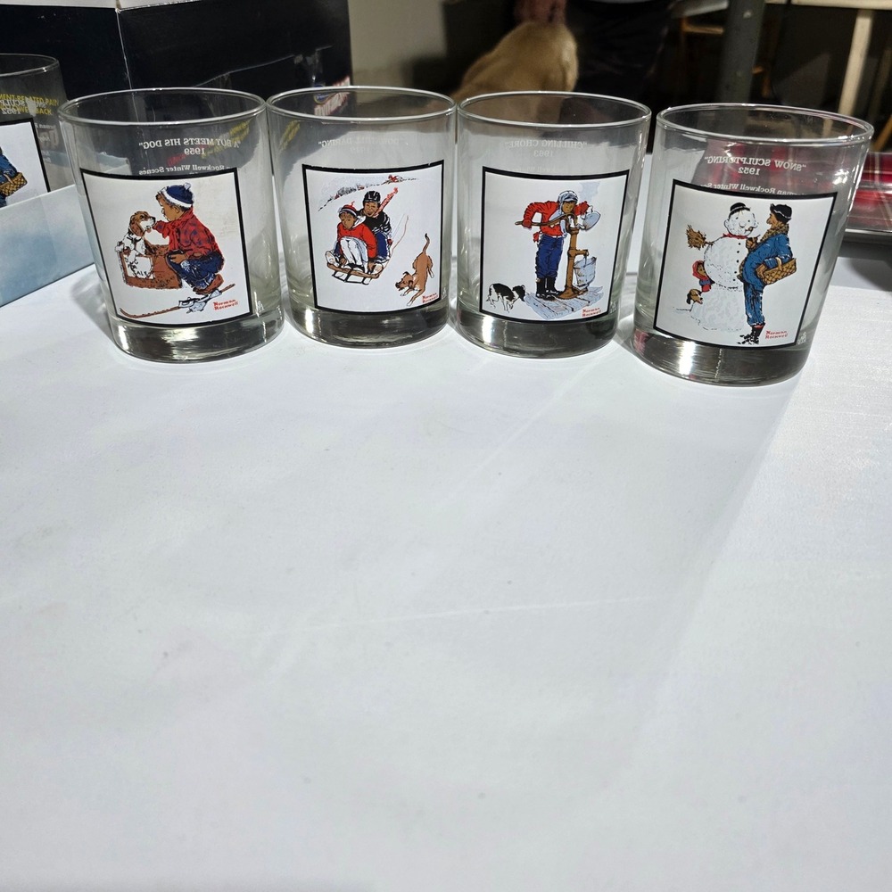 4 Vintage Norman Rockwell Arbys Pepsi Collector Glasses Winter Scenes 1979 Set
